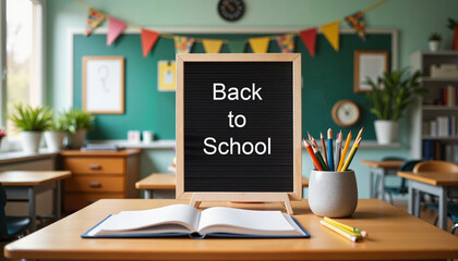 Back to school sign in classroom with colorful stationery