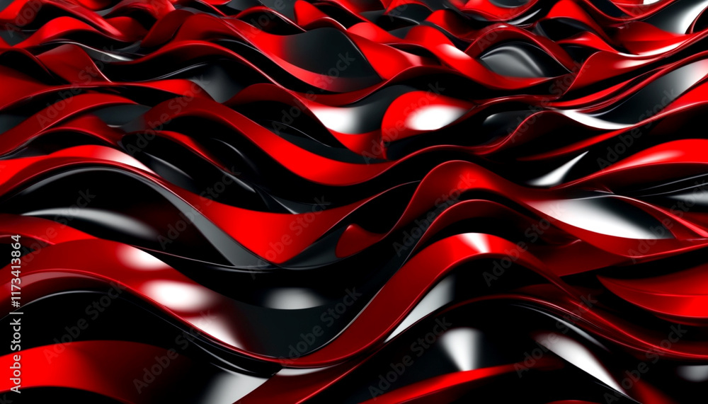 Poster waves of red and black materials create a mesmerizing abstract pattern