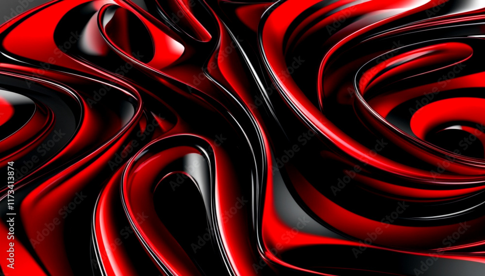Poster swirling red and black patterns create a mesmerizing visual dance