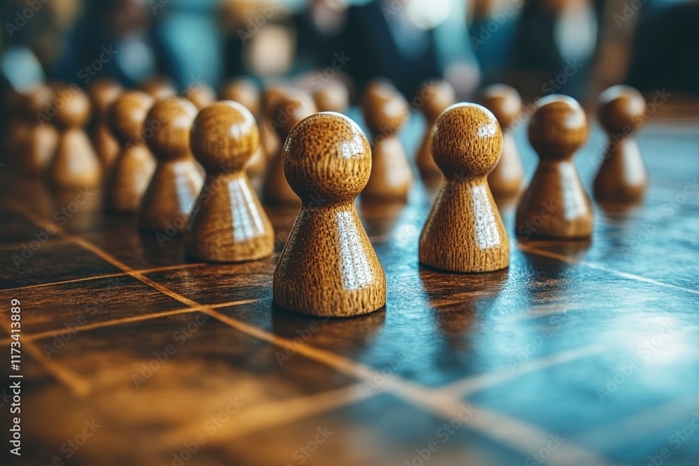Poster wooden game pieces on a chessboard with abstract background showcasing strategy and competition in a