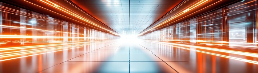 Dynamic light streaks illuminate a long hallway, modern architectural design bright