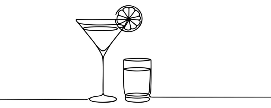 Continuous one line drawing of Glass of lemonade, or cocktail with lemon.