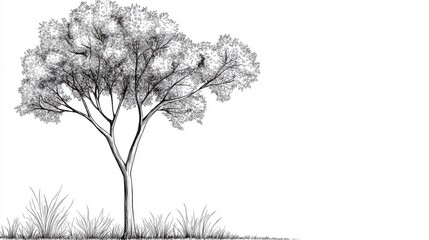 Obraz premium Detailed Sketch of a Single Tree with Grass on a White Background