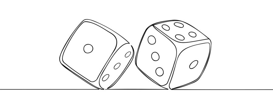 Two dices one line vector illustration. Continuous contour drawing of game dice.