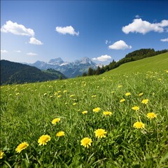 Fototapeta premium A vibrant meadow filled with yellow flowers under a clear blue sky, set against a backdrop of majestic mountains and fluffy clouds.