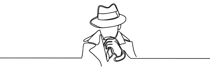 One line continuous detective with hat. Thinking while investigating case. Private detective in hat and trench.