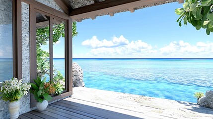 Tropical Ocean View from Wooden Deck  Luxury Beach House