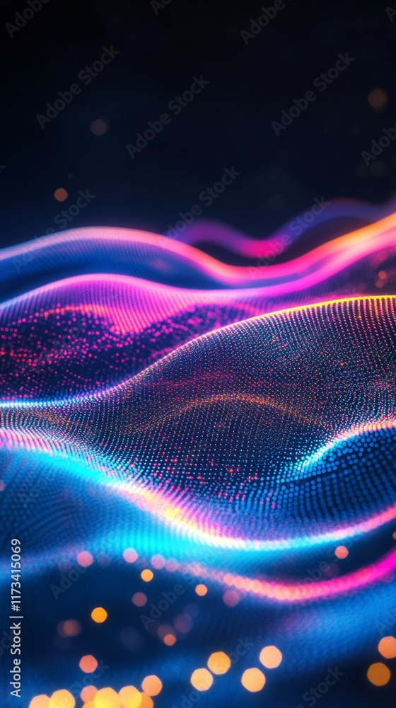 Poster a colorful wave with a blue background. the wave is made up of many small dots. the dots are in diff