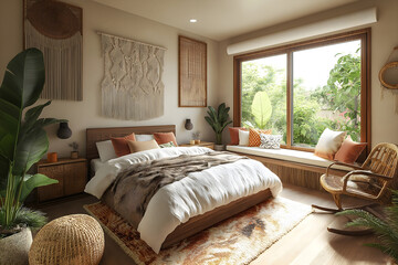 A boho chic bedroom with layered textiles, macrame wall hangings, a mix of vintage and modern furniture, and earthy tones. Rattan furniture, hanging plants, floor cushions, and a cozy, eclectic vibe.