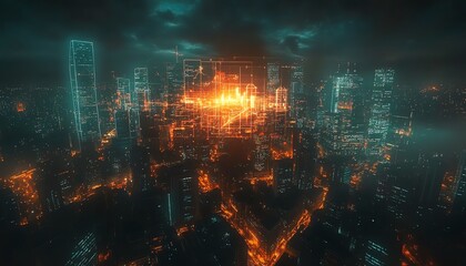 Digital world finance, double exposure effect, cityscape at night, glowing financial symbols, urban skyline, modern global trade visualization, neonlit city atmosphere