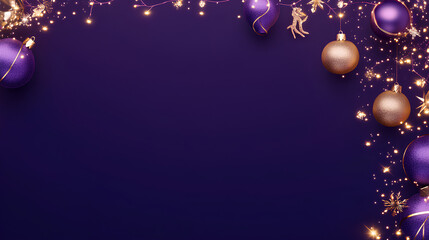 A festive arrangement of purple Christmas ornaments and greenery- Purple Christmas Background