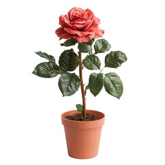 A potted rose plant with vibrant pink flowers and lush green leaves isolated on white background and transparent background