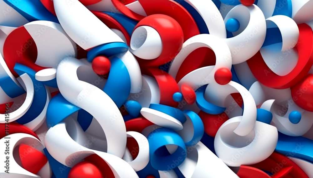 Poster curvy forms in red, blue, and white create playful abstract patterns