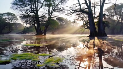misty marshland symbolizing the vital role of wetlands or serene wetland scene promoting ecological awareness or mist-covered marsh highlighting conservation and nature