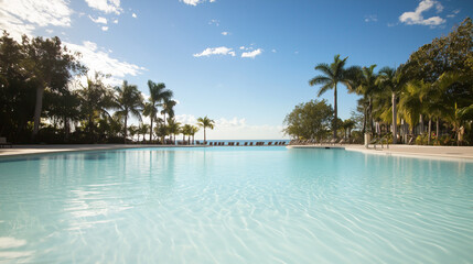 Fototapeta premium Grand Poolside View at Tropical Resort with Ocean Backdrop