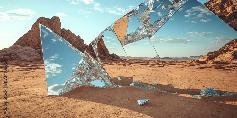 Poster abstract mirrors in a desert setting reflect the sky and rocks, creating a surreal and artistic land