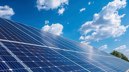 Solar Panel Installation Under Bright Blue Sky with Fluffy Clouds