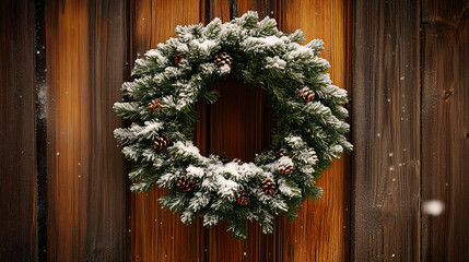 Christmas wreath with snow on wooden background