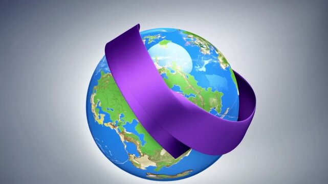purple ribbon with globe symbolizing global support and awareness or globe with purple ribbon promoting solidarity and care or ribbon and globe highlighting unity and health awareness
