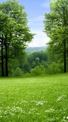 Fototapeta premium A serene landscape featuring lush green grass and trees under a bright blue sky, inviting tranquility and natural beauty.