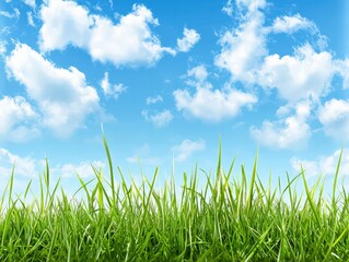Fototapeta premium A vibrant field of green grass under a bright blue sky scattered with fluffy white clouds.