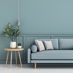 A modern living room featuring a light blue couch, decorative pillows, a stylish side table with plants, and a soothing wall color.