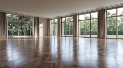 Fototapeta premium Modern Unfurnished Room with Parquet Flooring and Large Windows