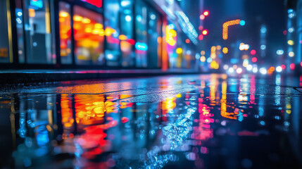 Fototapeta premium Colorful Neon Lights Reflecting on a Wet Urban Street at Night 