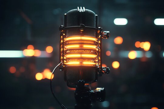 Close-up of a vintage microphone with glowing lights, ideal for music, podcast, or broadcasting themes.