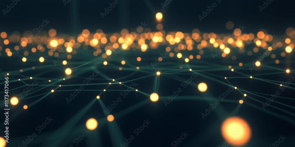 Poster a computer generated image of a network of glowing dots. the dots are connected by lines, creating a