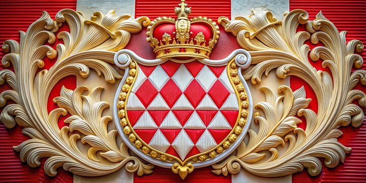 Monaco Coat of Arms:  Detailed Close-Up with Royal Red and White,  Rule of Thirds Composition