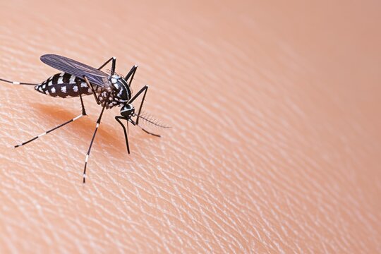 Striped Aedes Mosquito Biting a Person's Skin, Legs and Wings Clearly Visible, with Copy Space