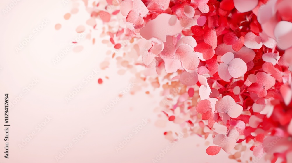 Poster light pink and red petals are gently falling against a soft pink backdrop, creating a dreamy and rom