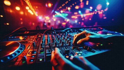 DJ mixer, colorful neon lights, nightclub atmosphere, electronic music equipment, blurred background, vibrant colors, close-up shot, audio controls, sliders and knobs, dynamic lighting, urban nightlif