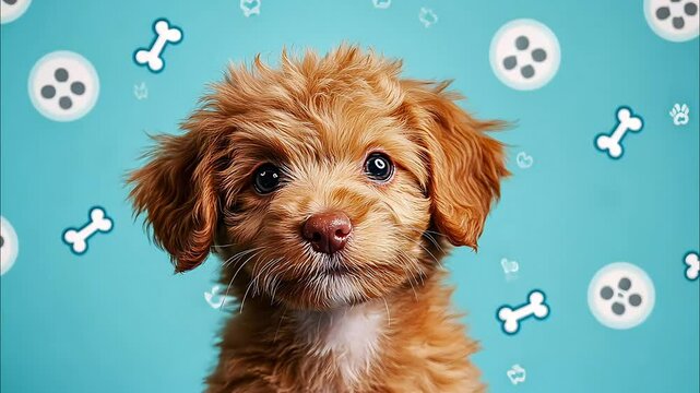 Close up shot of a cute Maltipoo dog puppy on blue background with bones and cookies