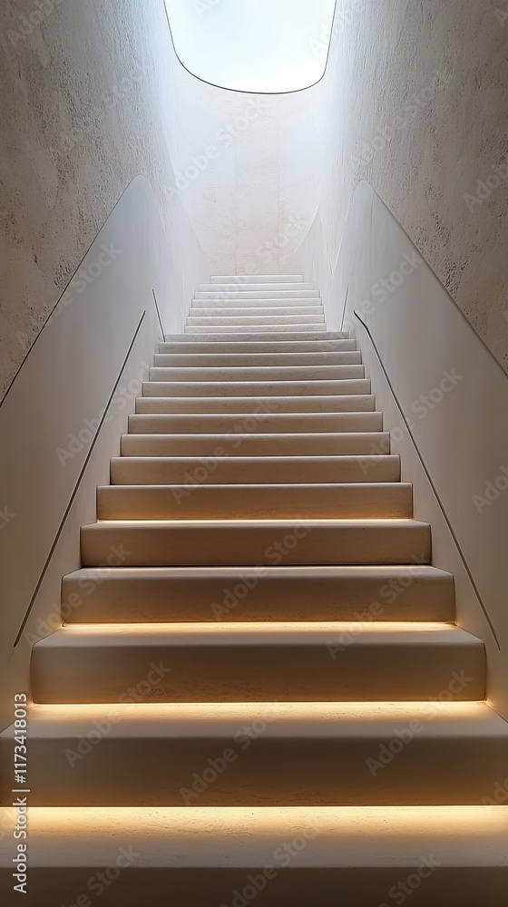 Poster elegant staircase with soft lighting and smooth curves, showcasing minimalist design in modern archi