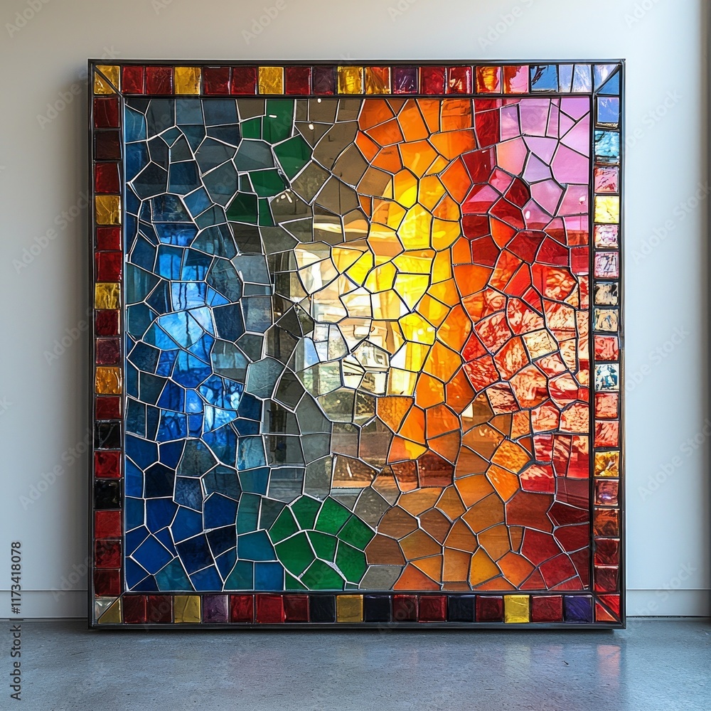 Poster featuring elaborate frame colorful mosaic tiles arranged artistic patterns mirror perfect vibrant in