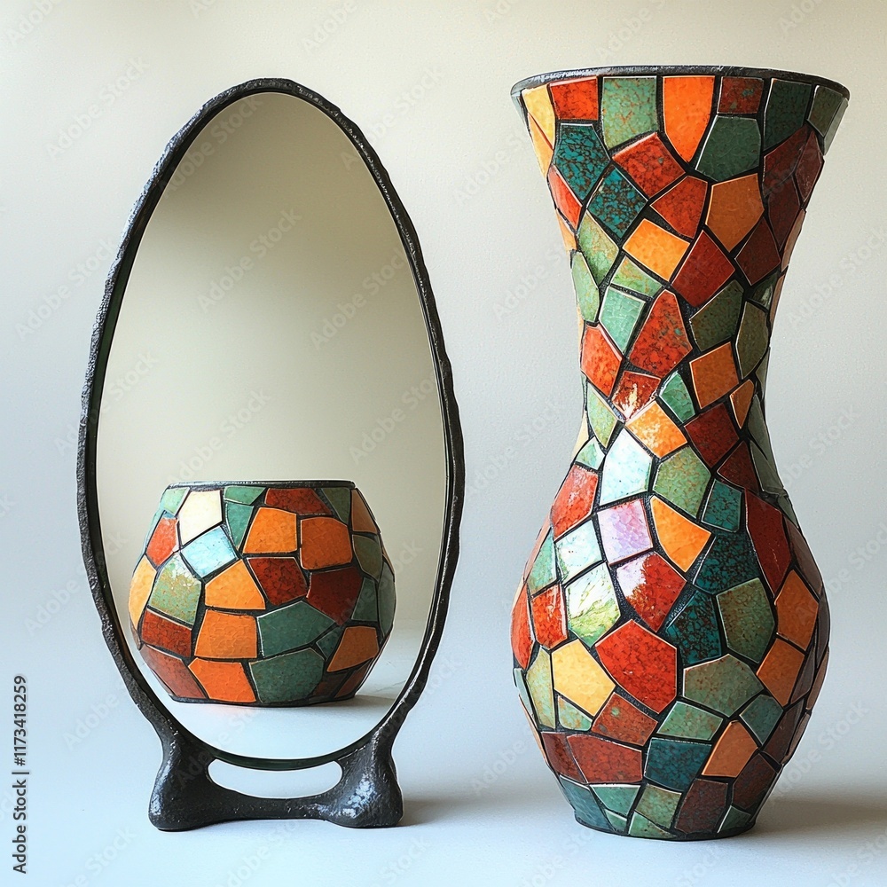 Poster beautifully crafted mosaic tile mirror artfully displayed next matching vase featuring intricate pat