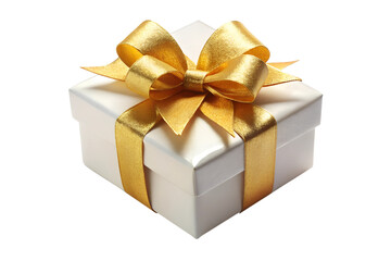 Obraz premium white gift box with golden ribbon bow isolated
