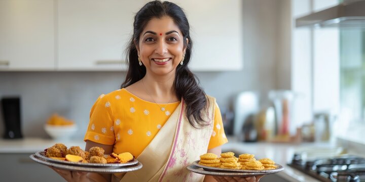 A woman in a yellow sari is holding two plates of food, one of which is a tray of cookies - Powered by Adobe