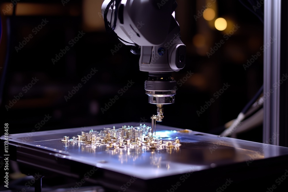 Poster robotic arm precisely assembling electronic components on a circuit board in a modern manufacturing 