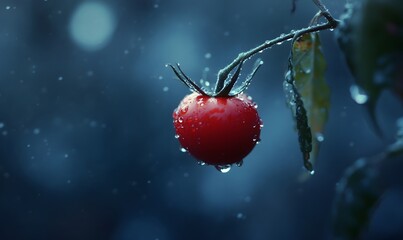 Ripe red tomato on the vine in the rain.