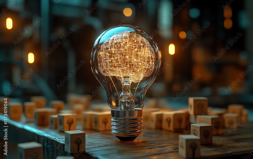 Poster a futuristic lightbulb with a virtual ai brain
