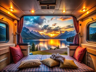 Mountain Lake Campervan Sunrise: Cozy Morning View from Window - 4K Loop Video