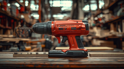 carpenter uses durable power nailer attach wooden planks bustling workshop filled tools and materials. robust metallic tool demonstrates strength and precision.