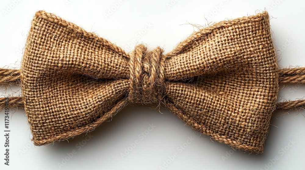 Poster burlap bow crafted natural fabric tied rustic twine rests clean white background. its texture and ea
