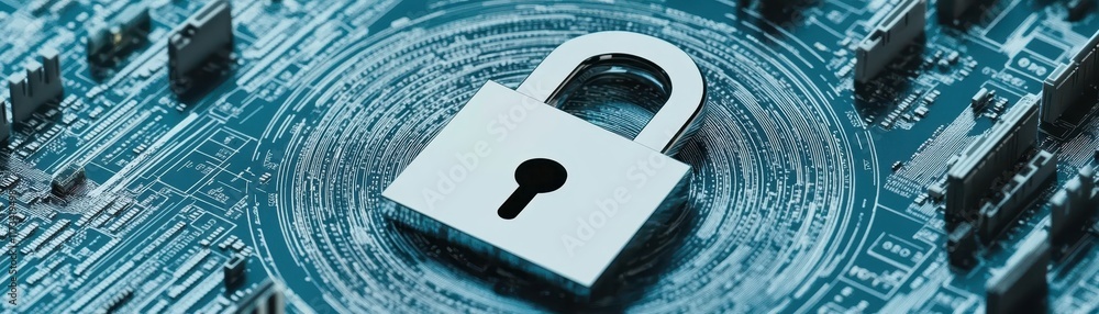 Poster cybersecurity lock on circuit board, protecting digital data in networked world