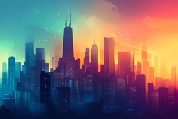 Fototapeta premium Colorful City Skyline at Sunrise/Sunset