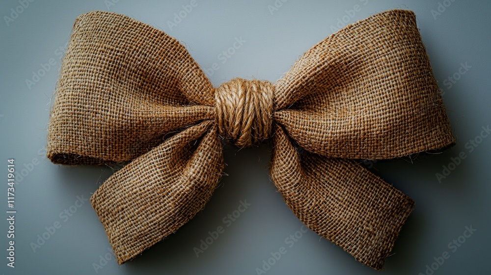 Poster handmade burlap bow features rustic twine tie emphasizing its beautiful earthy texture and imperfect