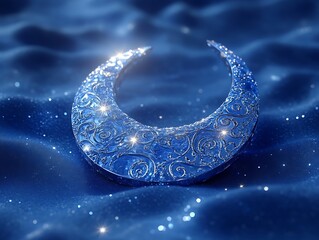 Ornate crescent moon on blue fabric.